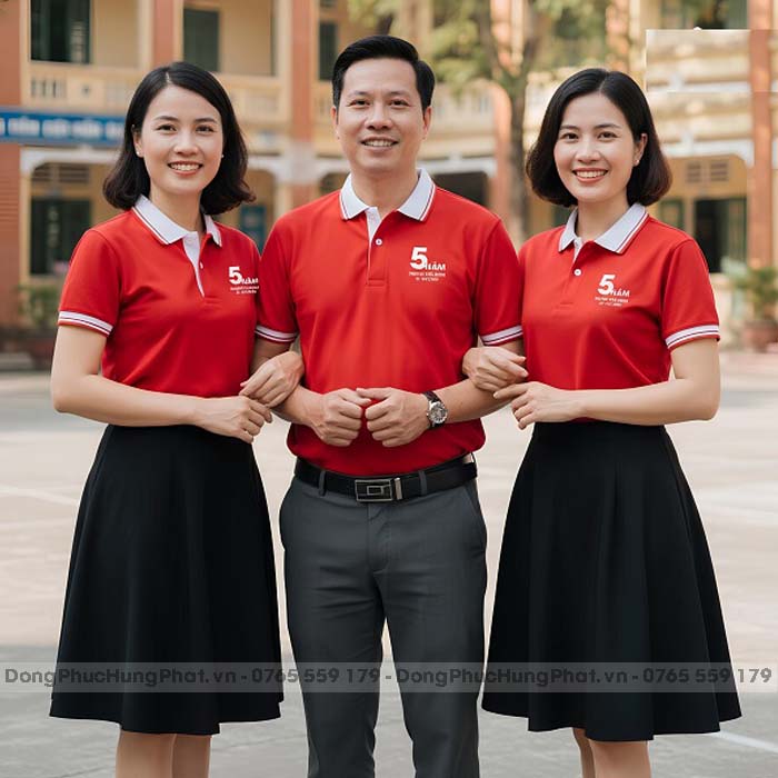 áo thun đồng phục họp lớp 5 năm màu đỏ phối bo trắng