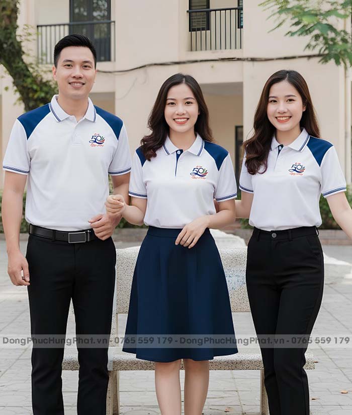 áo thun đồng phục họp lớp 50 năm màu trắng phối xanh