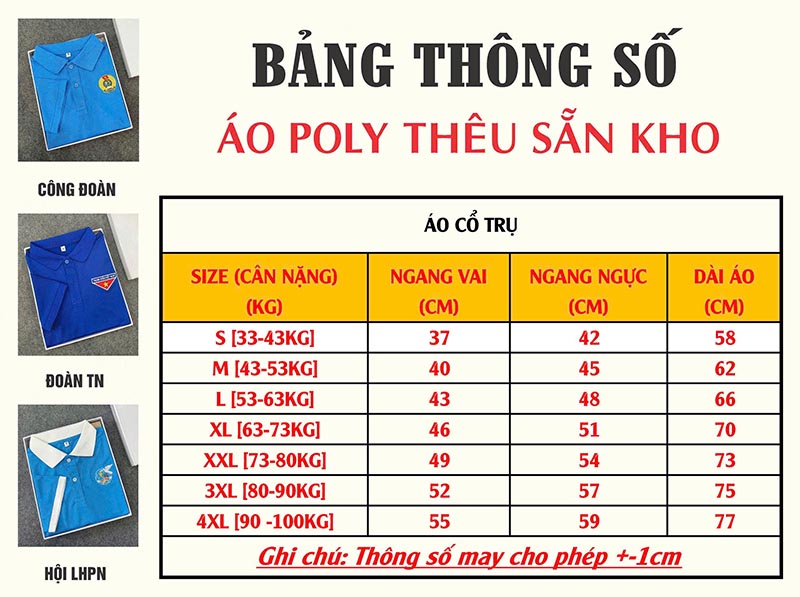 bảng size áo polo đoàn thanh niên, áo công đoàn, hội phụ nữ sẵn kho đồng phục Hưng Phát