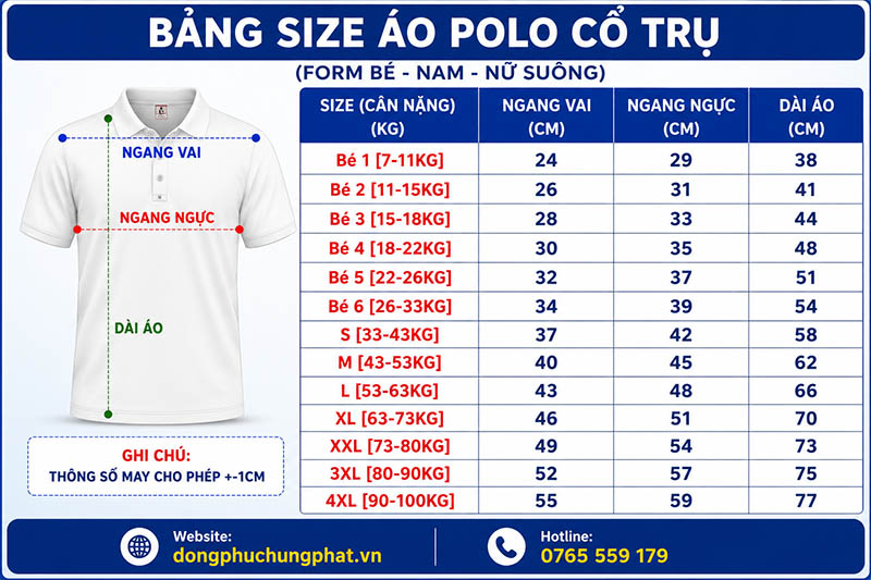 bảng size áo polo form suông nam nữ tại đồng phục hưng phát