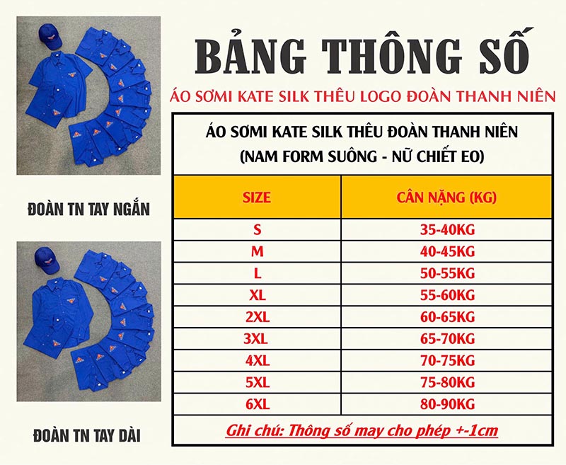 bảng size áo sơ mi thêu logo đoàn thanh niên - đồng phục Hưng Phát