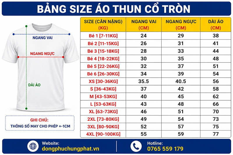 bảng size áo thun cổ tròn tại đồng phục Hưng Phát