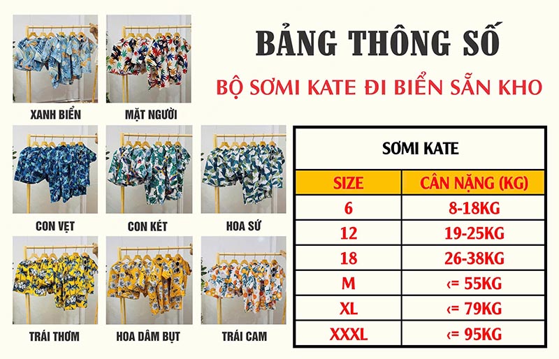 bảng size đồ bộ sơ mi kate đi biển sẵn kho - Đồng phục Hưng Phát