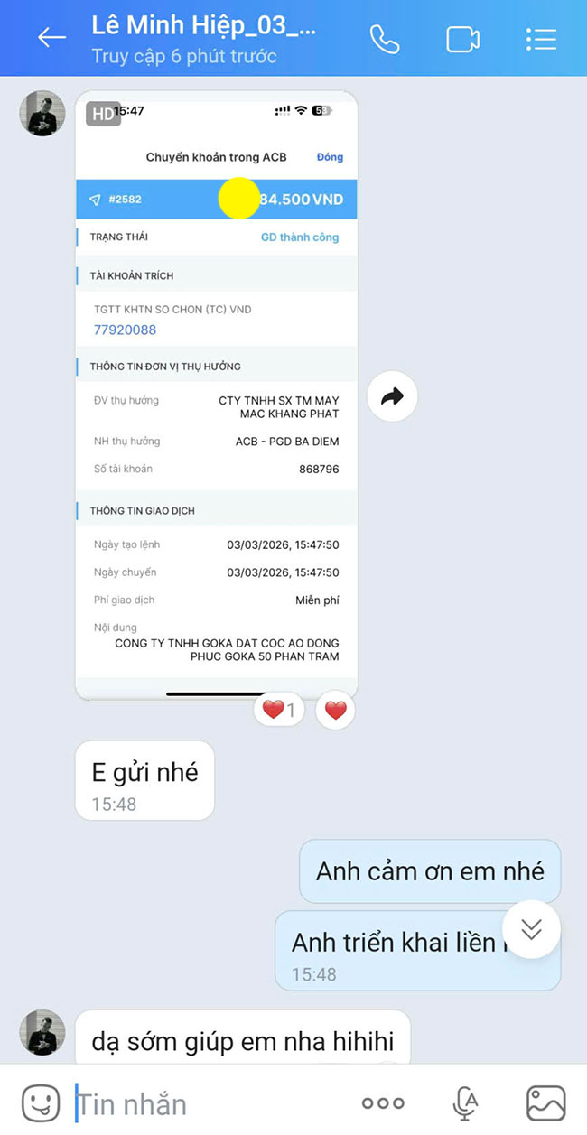 đơn hàng 155 áo khoác đồng phục công ty goka