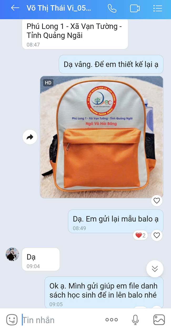 hoàn thành 300 balo mầm non ABC in tên riêng