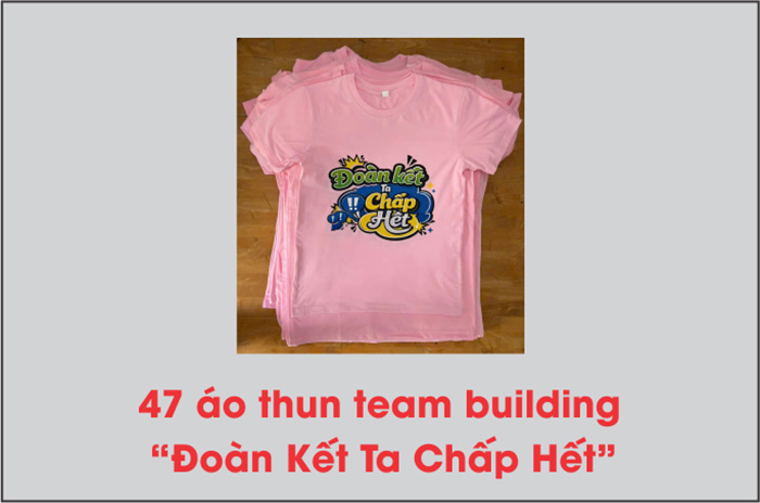 47 áo thun team building màu hồng phấn, vải Sufa, in PET slogan “Đoàn kết ta chấp hết” cho nhóm khách hàng tại Tuyên Quang.