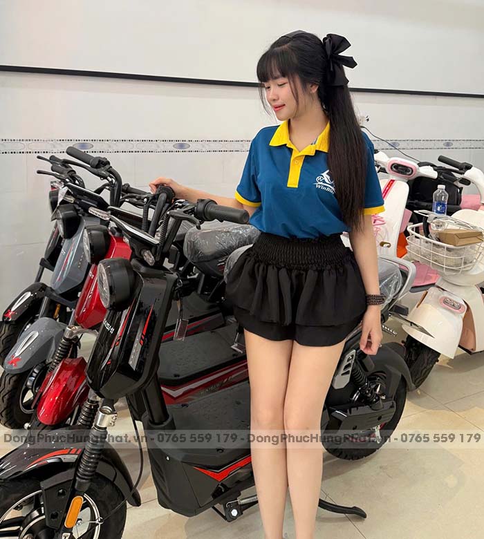 áo thun polo đồng phục nhân viên bán hàng cửa hàng xe điện màu Xanh phối Vàng