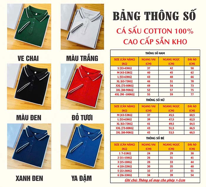 bảng size áo polo cotton 100