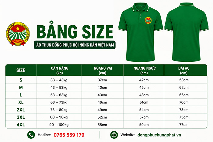 bảng size áo thun đồng phục hội nông dân việt nam