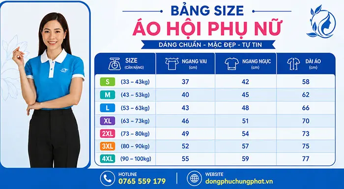 bảng size áo thun đồng phục hội phụ nữ việt nam