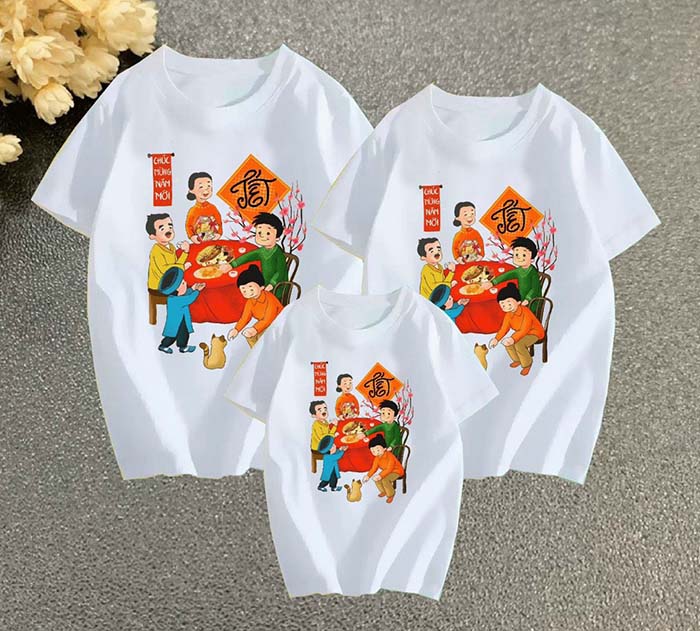 in áo thun tết gia đình cổ tròn màu Trắng