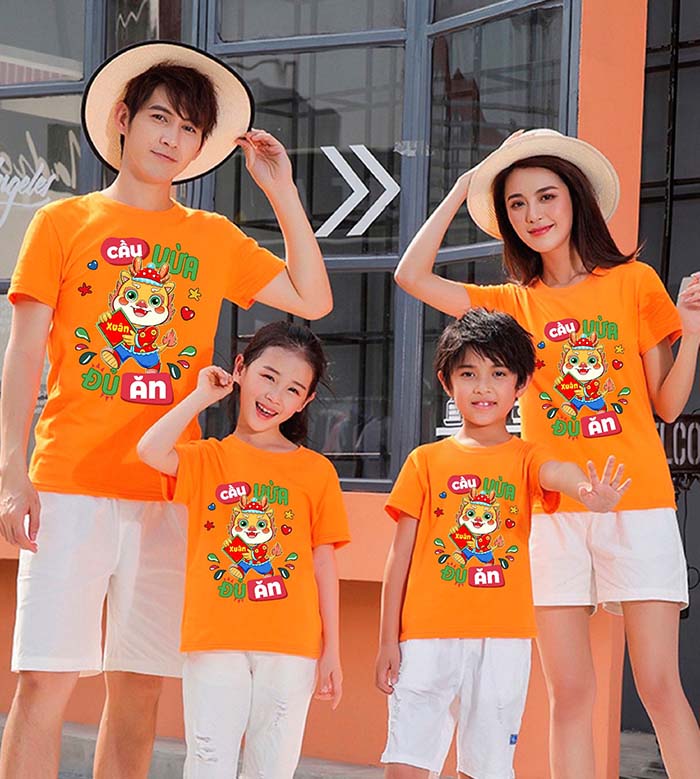 in áo thun tết gia đình cổ tròn màu Cam