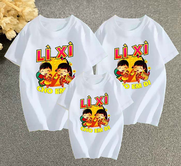 in áo thun tết gia đình cổ tròn màu Trắng