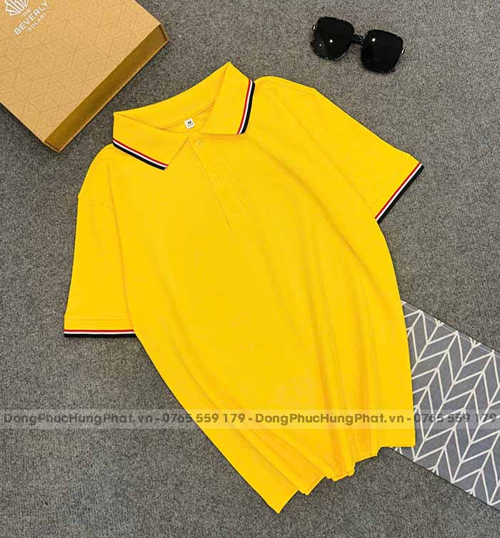 phôi áo polo vải thun cá sấu poly thái màu vàng 3 sọc