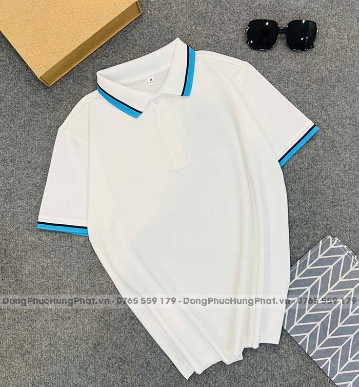 phôi áo polo vải thun cá sấu poly thái màu trắng sọc xanh