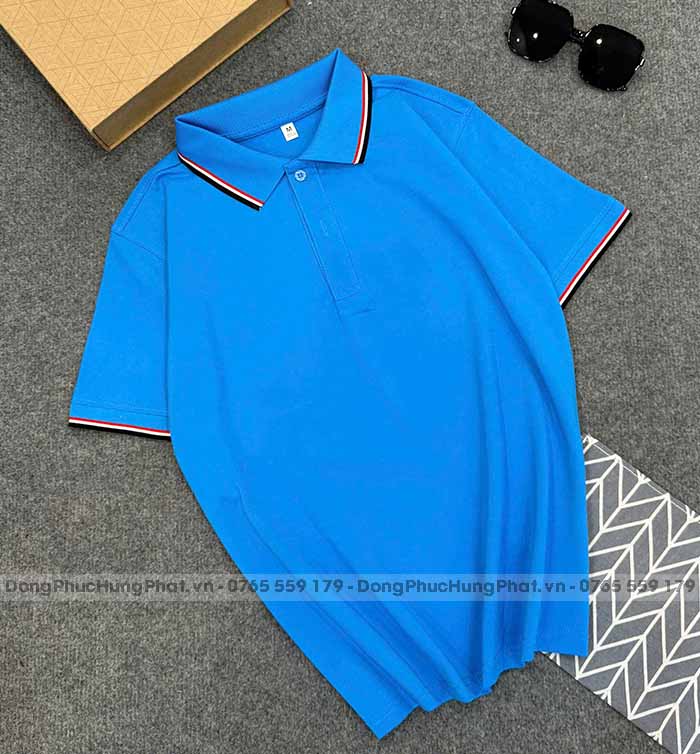 phôi áo polo vải thun cá sấu poly thái màu xanh ya 3 sọc