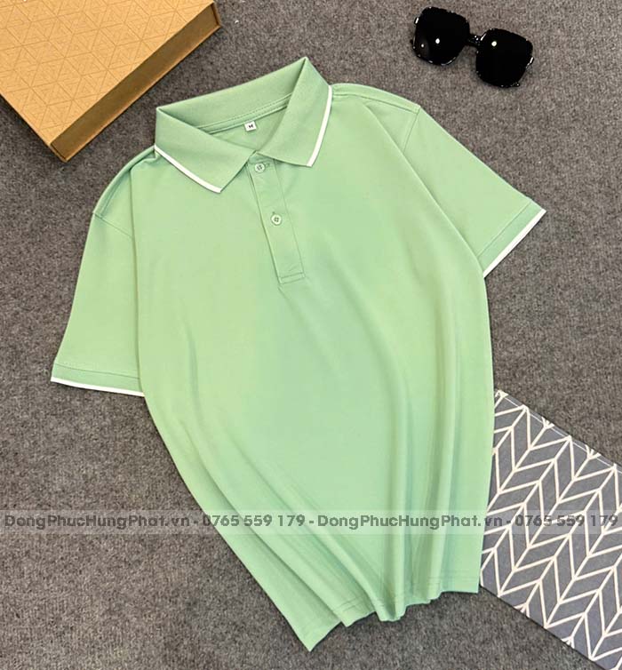 phôi áo polo vải thun cá sấu poly thái màu xanh đậu sọc trắng