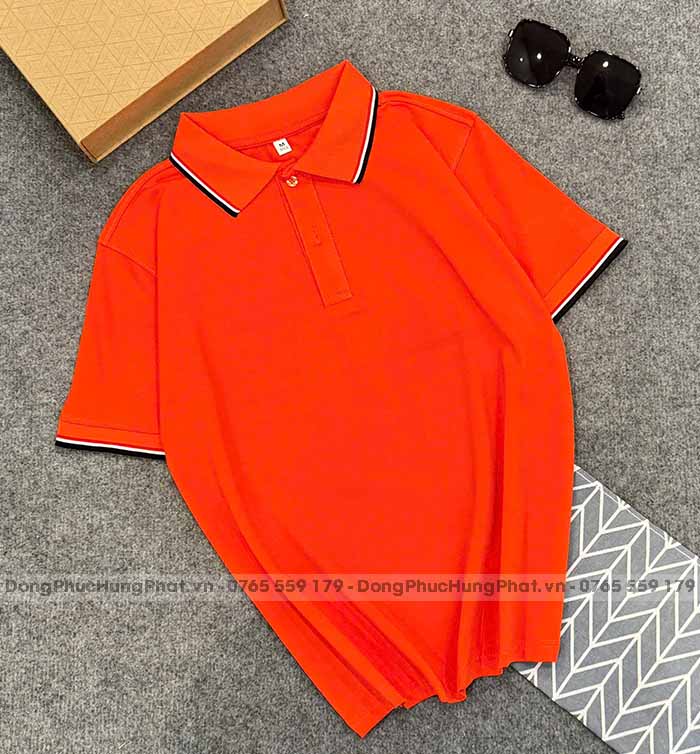 phôi áo polo vải thun cá sấu poly thái màu cam 3 sọc