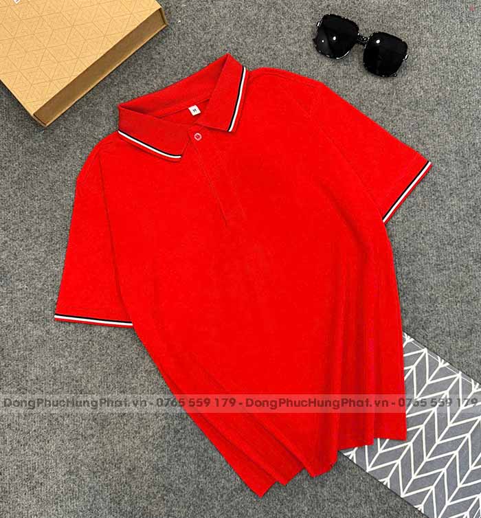 phôi áo polo vải thun cá sấu poly thái màu đỏ 3 sọc