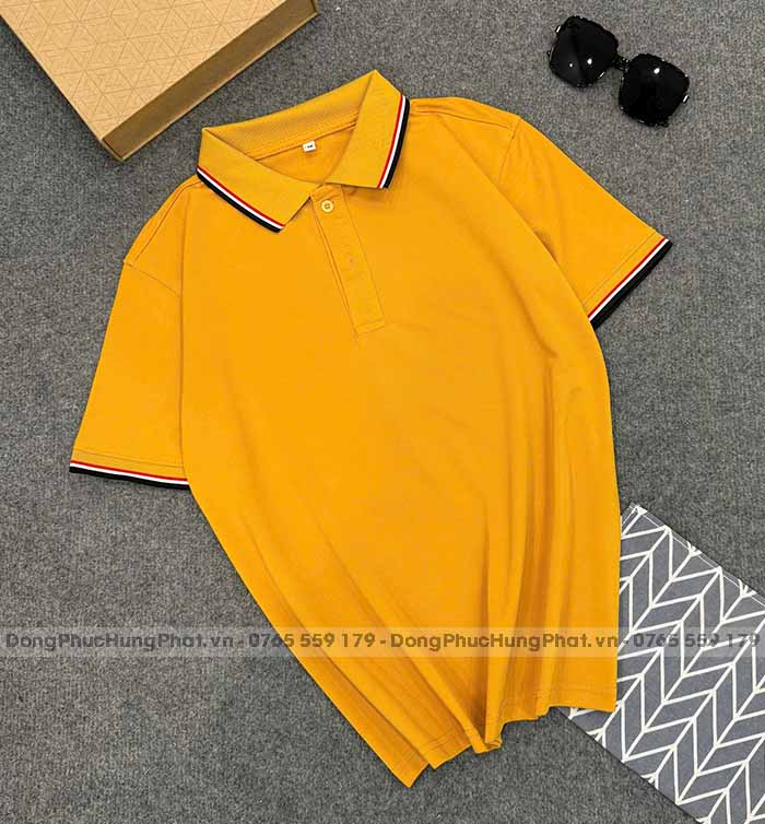 phôi áo polo vải thun cá sấu poly thái màu vàng bò 3 sọc