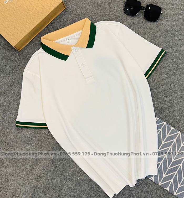 phôi áo polo vải thun cá sấu poly thái màu trắng sọc ve chai