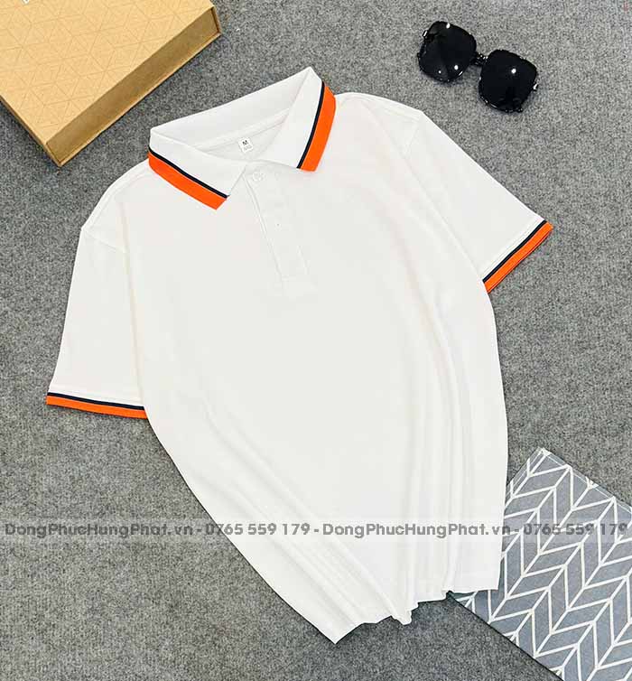 phôi áo polo vải thun cá sấu poly thái màu trắng sọc cam