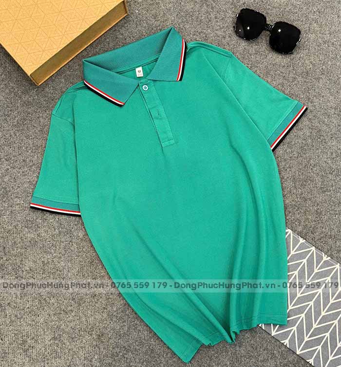 phôi áo polo vải thun cá sấu poly thái màu xanh vịt 3 sọc
