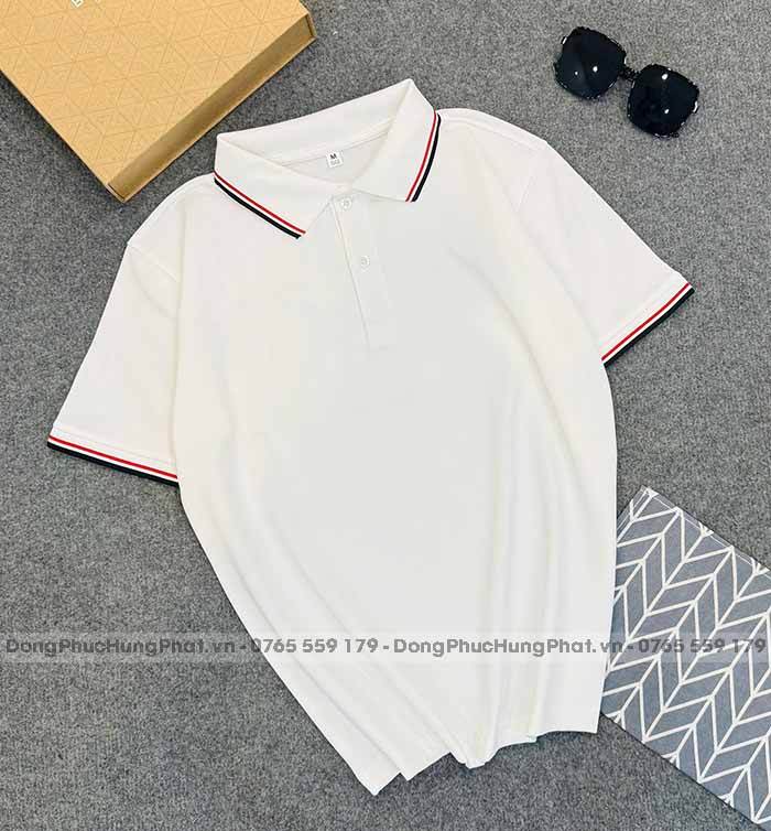 phôi áo polo vải thun cá sấu poly thái màu trắng 3 sọc