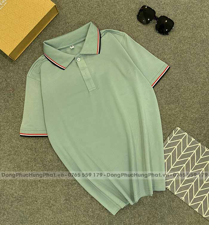phôi áo polo vải thun cá sấu poly thái màu xanh lam 3 sọc