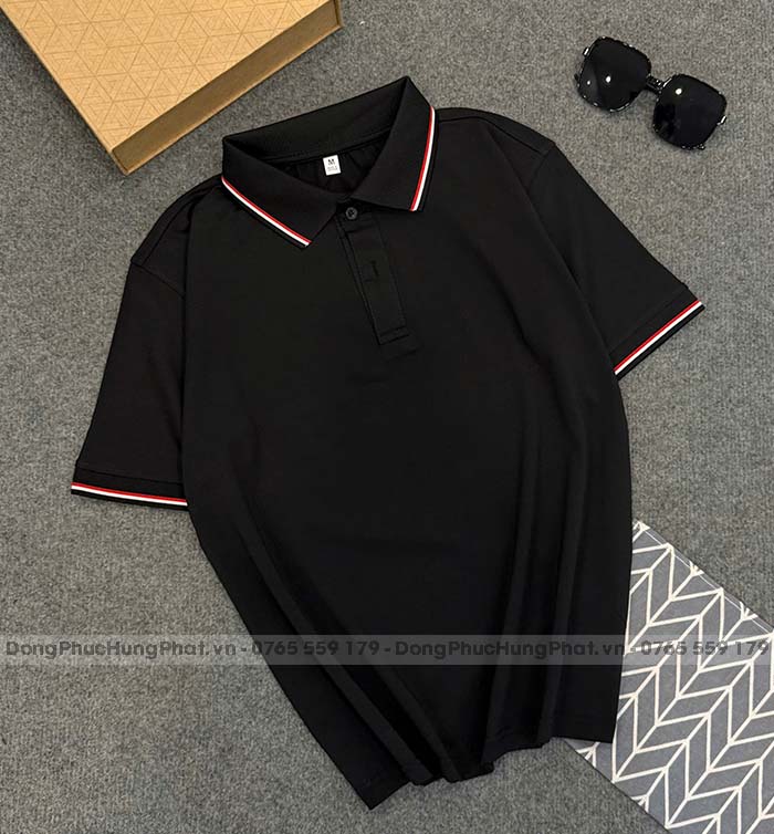 phôi áo polo vải thun cá sấu poly thái màu đen 3 sọc