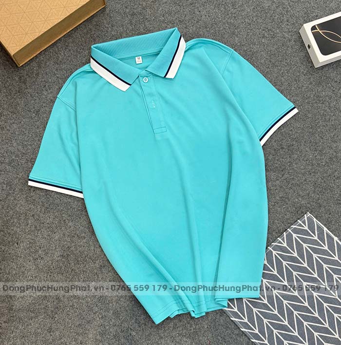 phôi áo thun polo vải cá sấu mè màu xanh thiên thanh