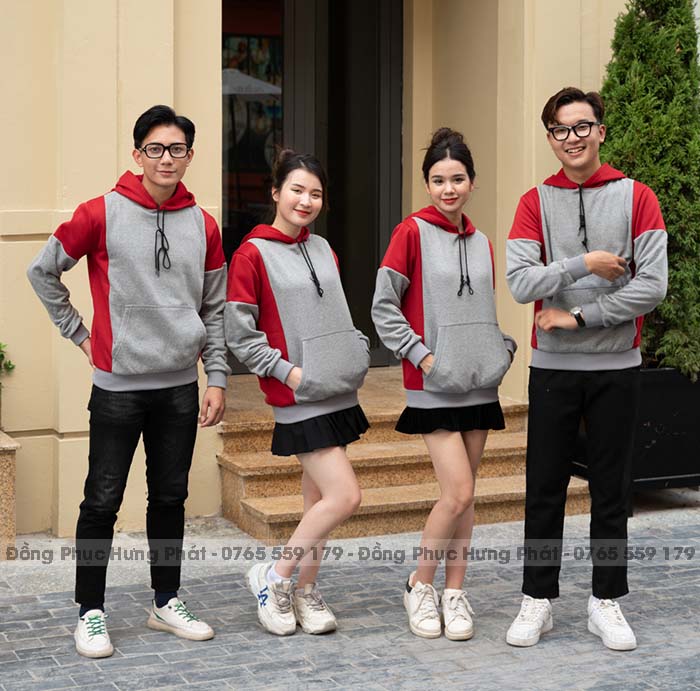 áo khoác hoodie đồng phục công ty màu xám phối đỏ