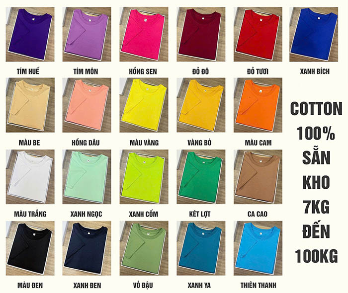 bảng màu áo thun đồng phục cổ tròn vải cotton 100%