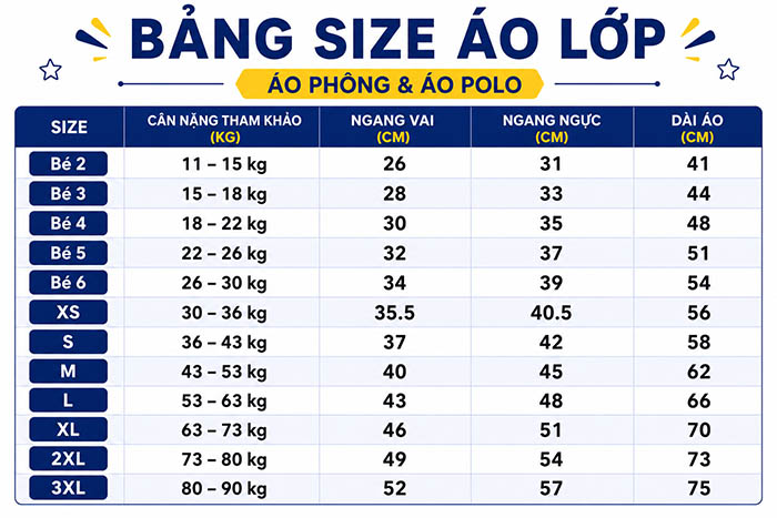 bảng size áo thun đồng phục lớp