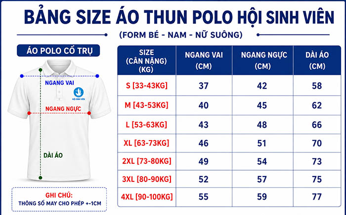 bảng size áo thun polo hội sinh viên