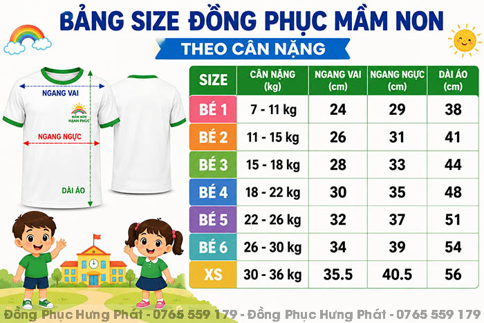 bảng size đồng phục mầm non