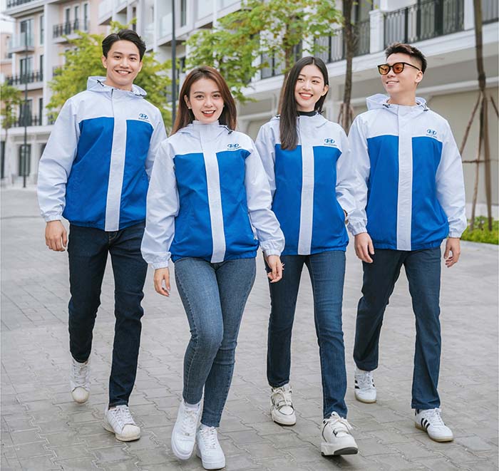 may áo khoác gió đồng phục màu xanh phối trắng