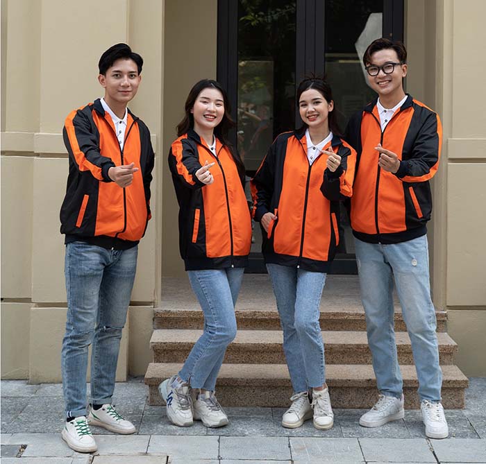 may áo khoác gió đồng phục màu cam phối đen