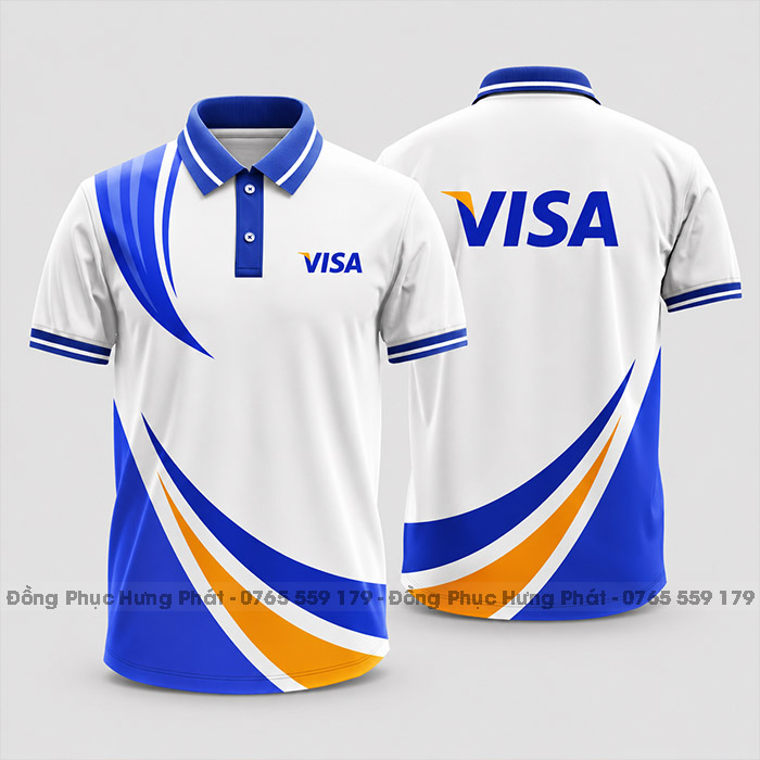 áo thun đồng phục 3d công ty visa họa tiết xanh vàng