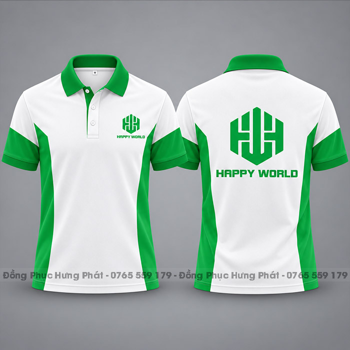 áo thun đồng phục 3d công ty xanh trắng happy world