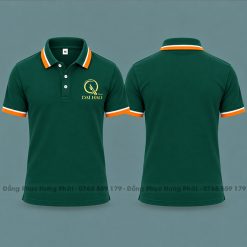 áo thun polo đồng phục nhà hàng màu xanh rêu sọc trắng cam