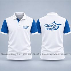áo thun polo đồng phục quán ăn cháo cá hồng màu trắng phối xanh ya