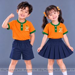 đồng phục mầm non và tiểu học cổ tròn màu cam viền xanh két