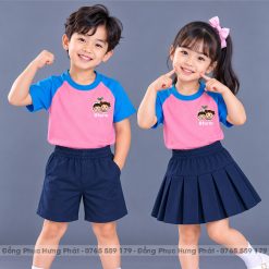 đồng phục mầm non và tiểu học cổ tròn màu màu hồng phối xanh ya