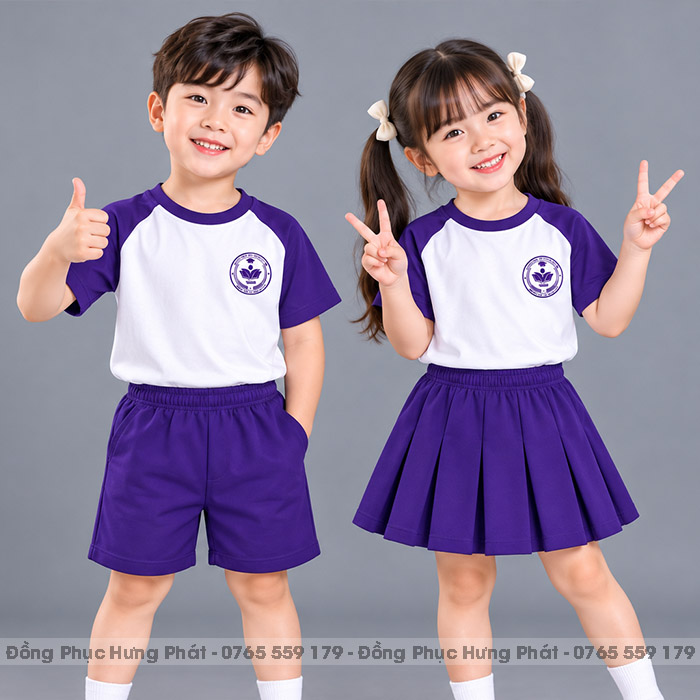 đồng phục mầm non và tiểu học cổ tròn màu màu trắng phối tím