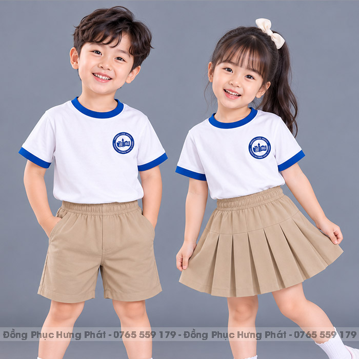 đồng phục mầm non và tiểu học cổ tròn màu màu trắng viền xanh
