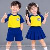 đồng phục mầm non và tiểu học cổ tròn màu màu vàng phối xanh đen