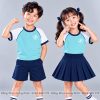 đồng phục mầm non và tiểu học cổ tròn màu xanh biển phối trắng