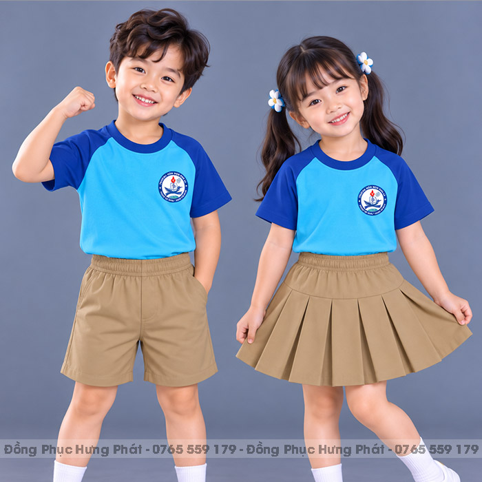 đồng phục mầm non và tiểu học cổ tròn màu xanh ya phối xanh bích