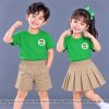 đồng phục mầm non và tiểu học cổ tròn màu xanh két